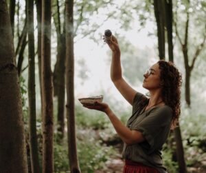 Salie smudge stick met abalone schelp in het bos
